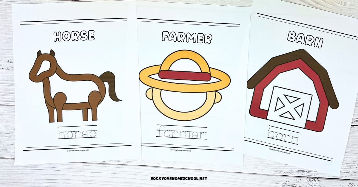 3 examples of farm playdough mats including horse, farmer, and barn.