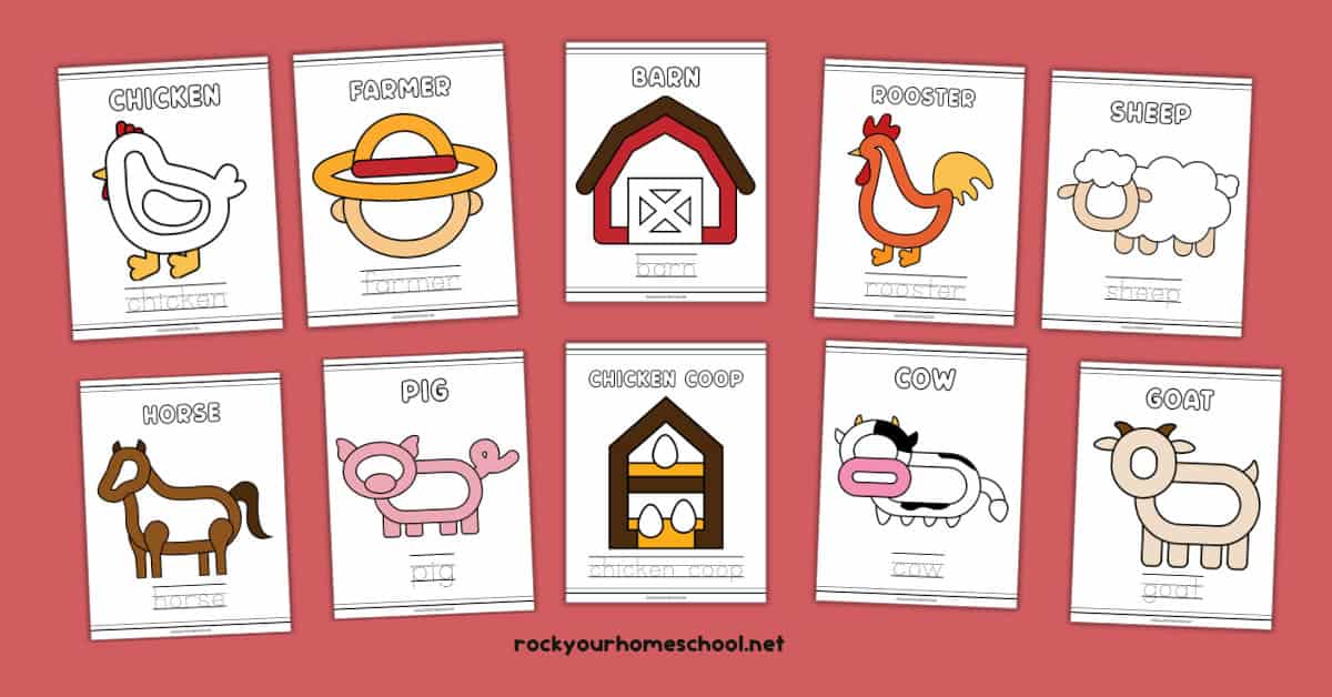 10 printable farm playdough mats for kids featuring chicken, farmer, barn, rooster, sheep, horse, pig, chicken coop, cow, and goat.