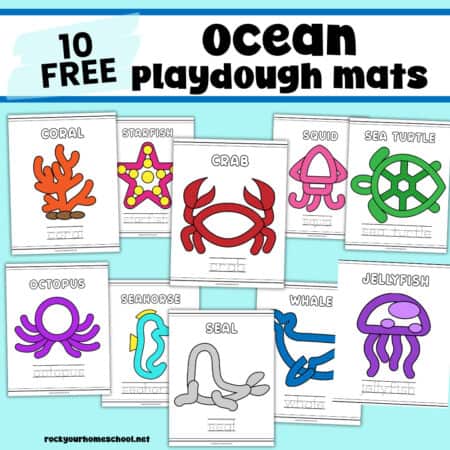 10 printable ocean playdough mats of coral, starfish, crab, squid, sea turtle, octopus, seahorse, seal, whale, and jellyfish.