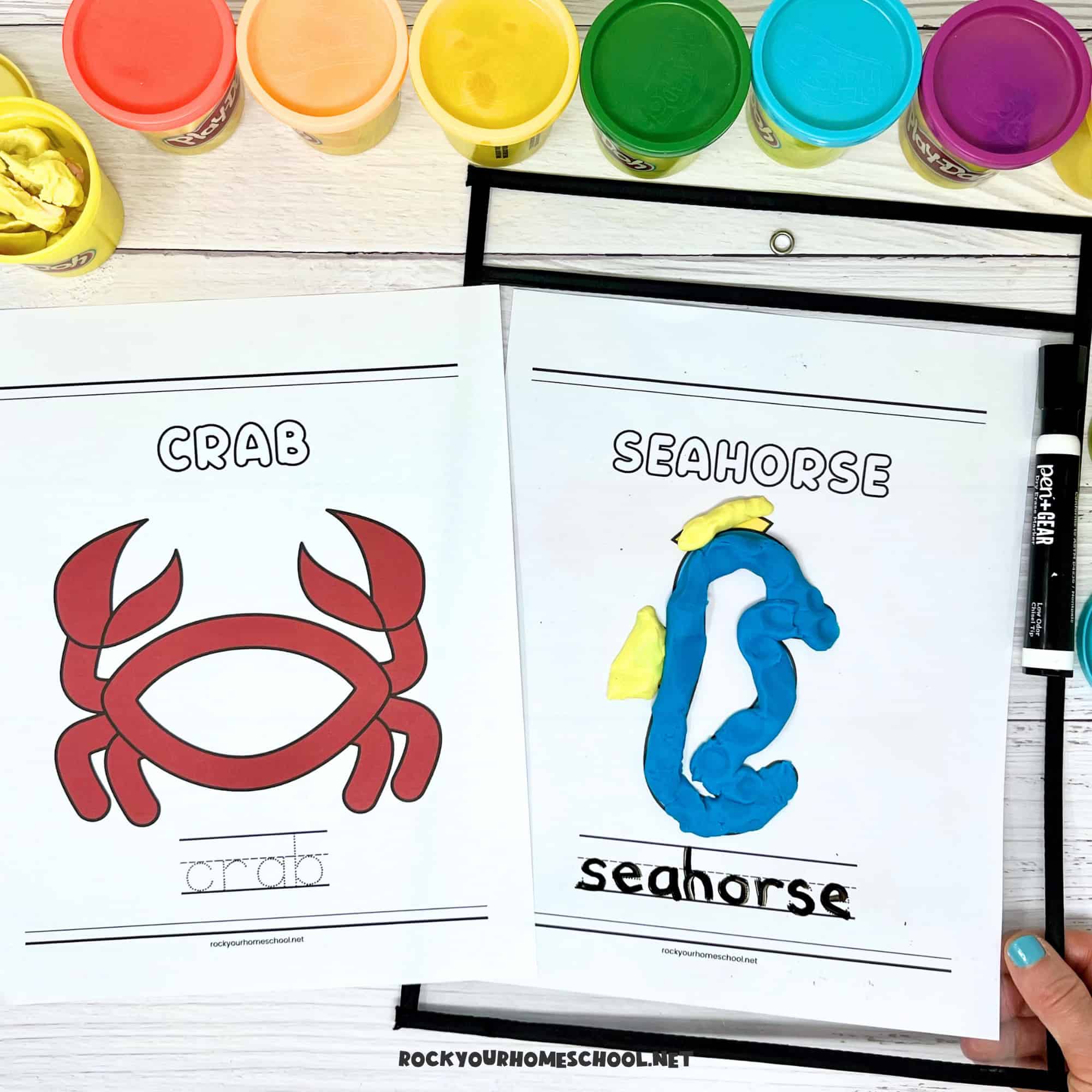 Printable ocean playdough mats with examples of crab and seahorse with rainbow of playdough cans.