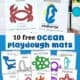 Examples of 10 printable ocean playdough mats for kids including whale, seal, sea turtle, octopus, seahorse, crab, squid, coral, jellyfish, and starfish.