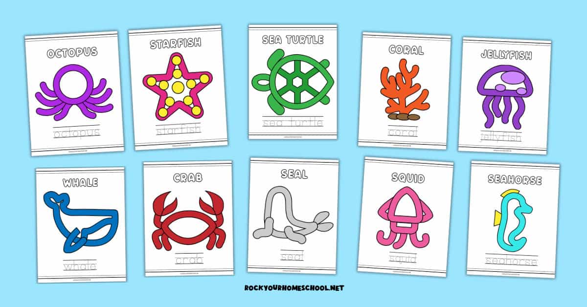 10 ocean playdough mats for kids with octopus, starfish, sea turtle, coral, jellyfish, whale, crab, seal, squid, and seahorse.