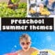 Young children in a garden, playing with trucks, wearing sunglasses and beach balls to feature these preschool summer themes.