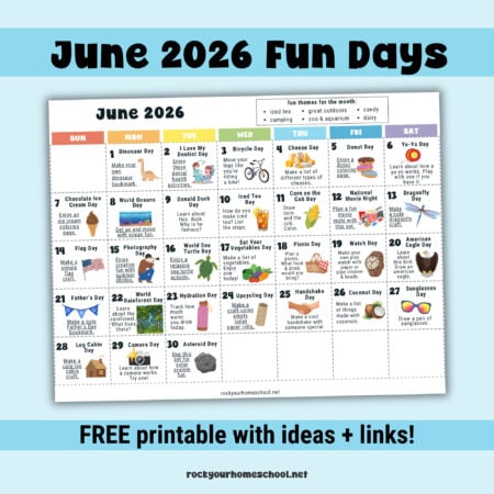 Example of free printable June 2026 Fun Days Calendar for Kids.