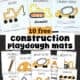 Examples of free printable construction playdough mats for kids including hammer, hard hat, cement mixer, cone, excavator, builder, shovel, crane, scaffolding, and barrier.
