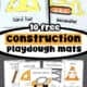 Examples of free printable construction playdough mats for kids including hammer, hard hat, cement mixer, cone, excavator, builder, shovel, crane, scaffolding, and barrier.