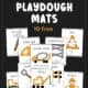 Examples of free printable construction playdough mats for kids including hammer, hard hat, cement mixer, cone, excavator, builder, shovel, crane, scaffolding, and barrier.