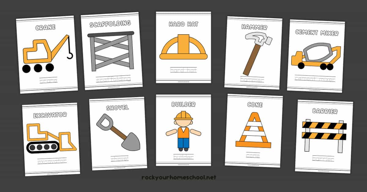 Examples of construction playdough mats including crane, scaffolding, hard hat, hammer, cement mixer, excavator, shovel, builder, cone, and barrier.