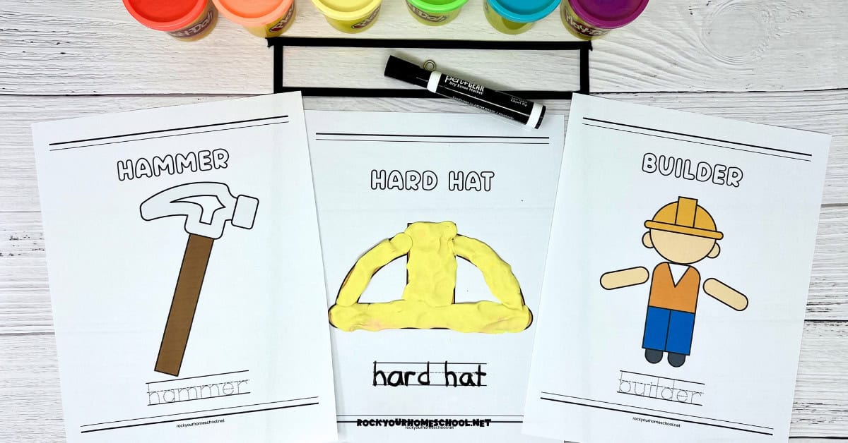 Examples of construction playdough mats including hammer, hard hat, and builder.