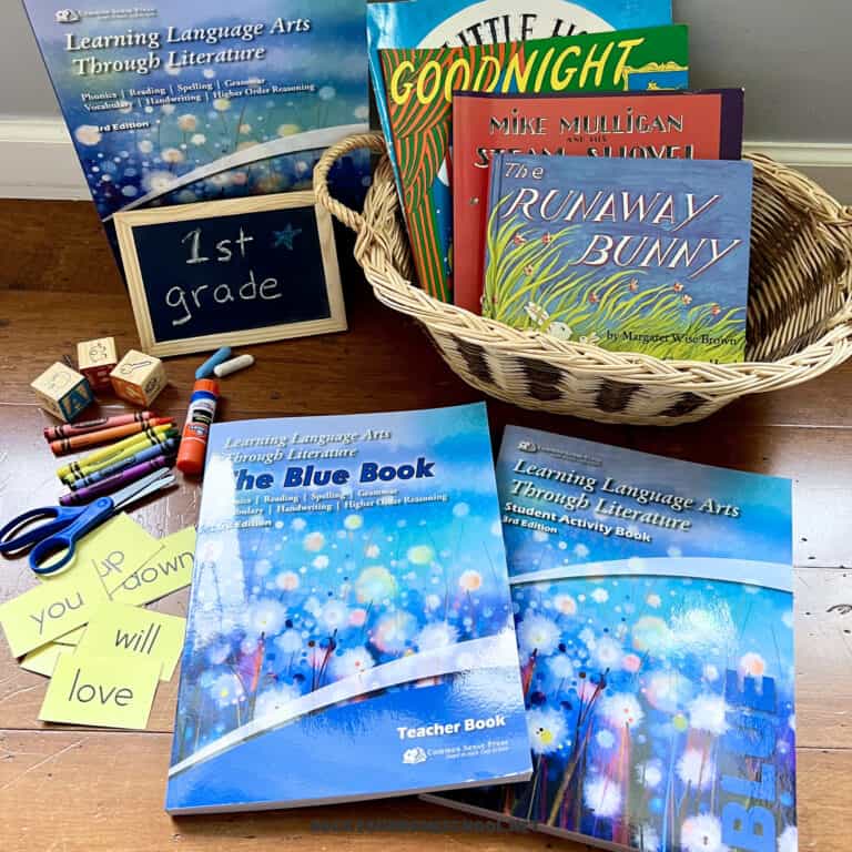 Basket filled with Learning Language Arts Through Literature books and classic read-alouds, surrounded by crayons, scissors, sight word cards, and a chalkboard sign that reads 1st grade.