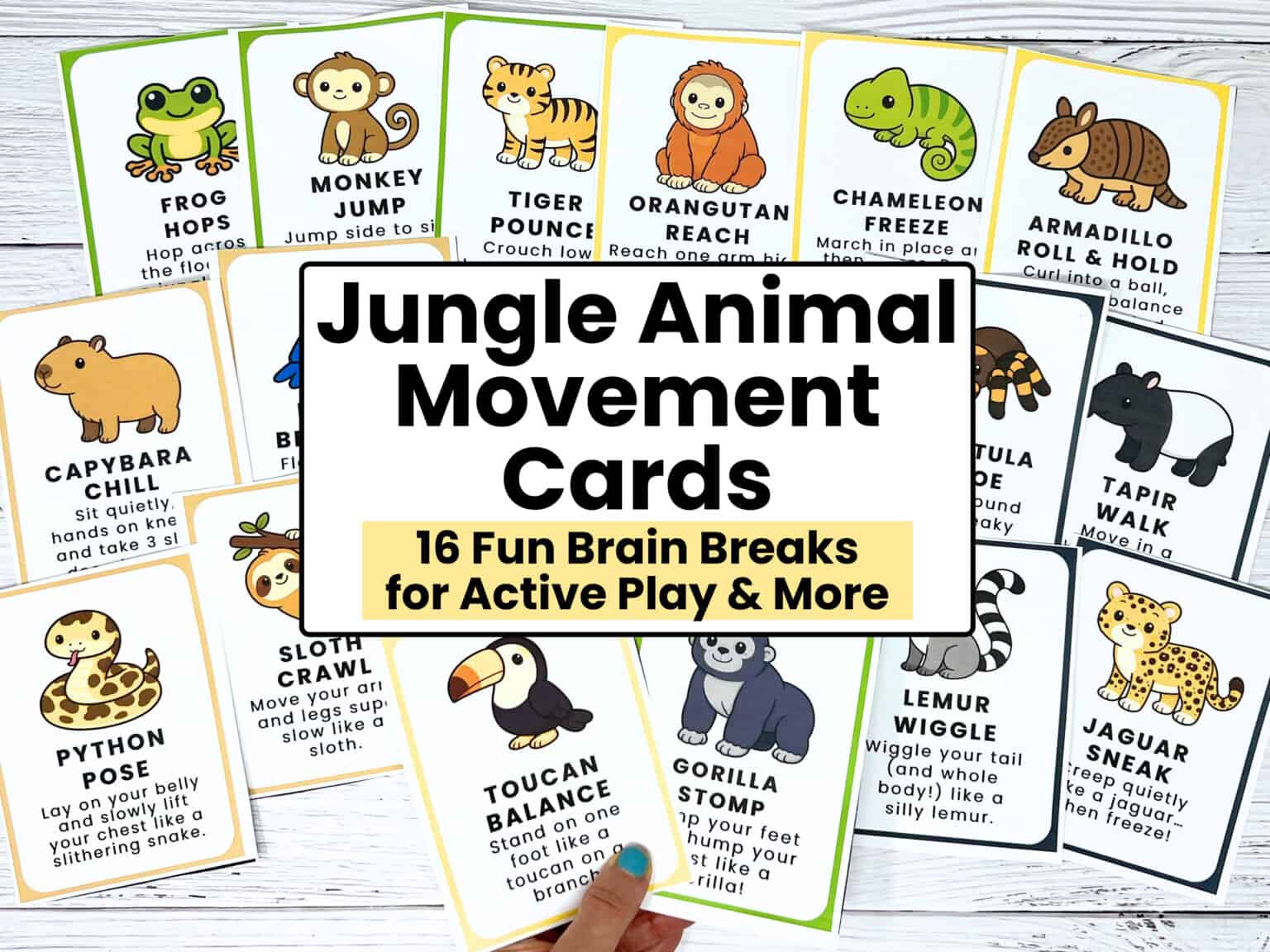16 printable jungle animal movement cards for kids.