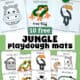 Examples of free printable jungle playdough mats including gorilla, tree frog, toucan, snake, hippo, leaf, leopard, zebra, monkey, and crocodile.