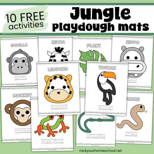 10 free printable jungle playdough mats for kids including gorilla, monkey, snake, hippo, and more.