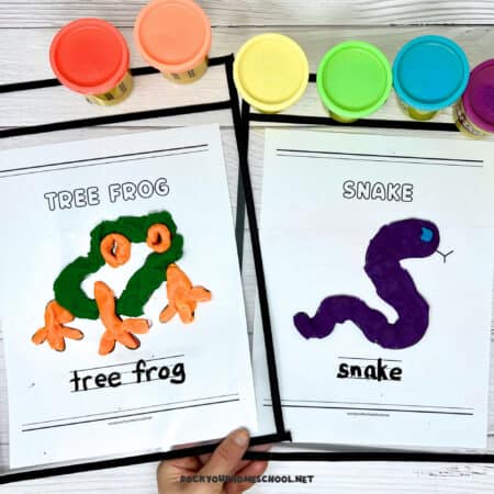 Woman holding examples of jungle playdough mats featuring tree frog and snake.