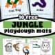 Examples of free printable jungle playdough mats including gorilla, tree frog, toucan, snake, hippo, leaf, leopard, zebra, monkey, and crocodile.