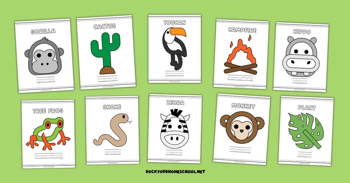 Examples of free printable jungle playdough mats including gorilla, cactus, toucan, campfire, hippo, tree frog, snake, zebra, monkey, plant.