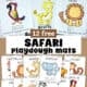 Examples of 12 free safari playdough mats including ostrich, lion, giraffe, elephant, leopard, monkey, tent, jeep, hat, zebra, antelope, and parrot.