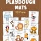 Examples of 12 free safari playdough mats including ostrich, lion, giraffe, elephant, leopard, monkey, tent, jeep, hat, zebra, antelope, and parrot.