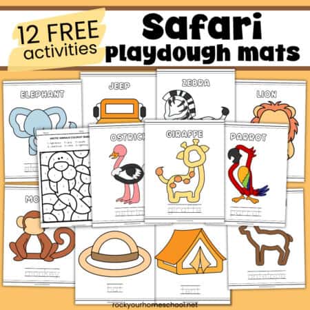 12 free printable safari playdough mats for kids including elephant, monkey, giraffe, and more.