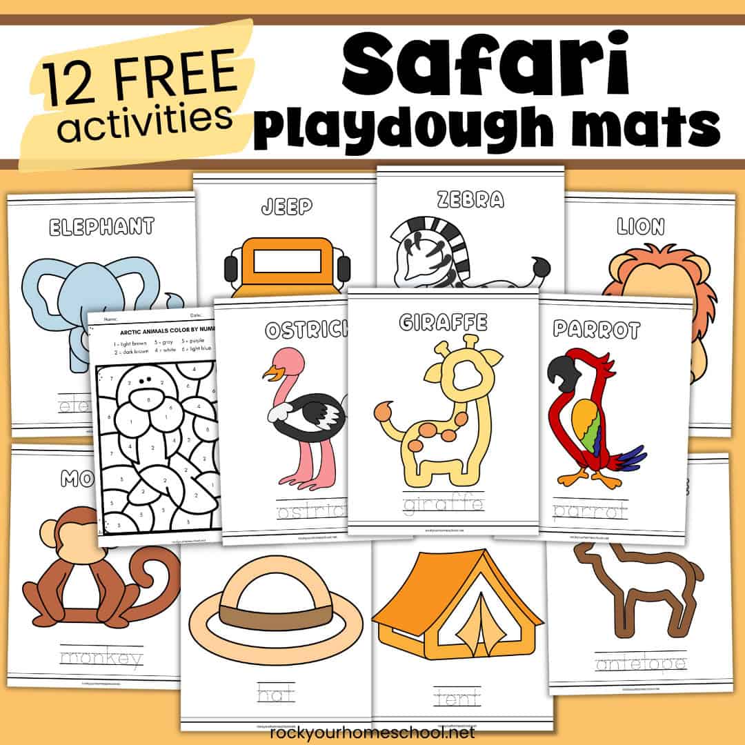 12 free printable safari playdough mats for kids including elephant, monkey, giraffe, and more.