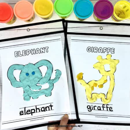 Two examples of safari playdough mats for kids including elephant and giraffe.