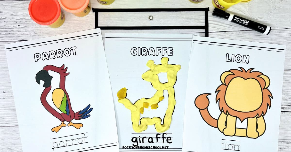 Three examples of safari playdough mats including parrot, giraffe, and lion.