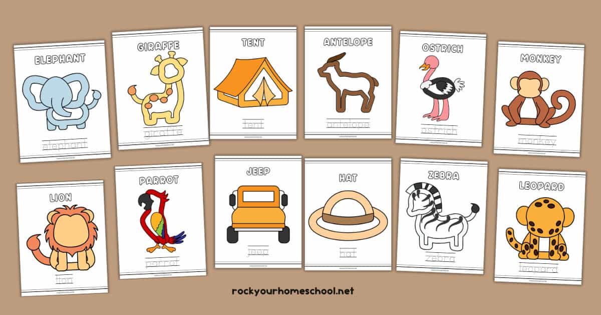 Examples of 12 free printable safari playdough mats including elephant, giraffe, tent, antelope, ostrich, monkey, lion, parrot, jeep, hat, zebra, and leopard.