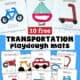 Examples of 10 free printable transportation playdough mats including motorcycle, tractor, car, helicopter, hot air balloon, scooter, boat, train, airplane, and bicycle.