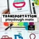 Woman holding transportation playdough mats including boat, car, train, and hot air balloon.