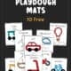 Examples of 10 free printable transportation playdough mats including motorcycle, tractor, car, helicopter, hot air balloon, scooter, boat, train, airplane, and bicycle.