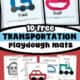 Examples of 10 free printable transportation playdough mats including motorcycle, tractor, car, helicopter, hot air balloon, scooter, boat, train, airplane, and bicycle.