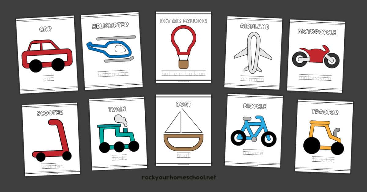 Examples of 10 free printable transportation playdough mats featuring car, helicopter, hot air balloon, airplane, motorcycle, scooter, train, boat, bicycle, and tractor.