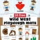 Examples of wild west playdough mats for kids including badge, horse, cowgirl, campfire, saloon, bandana, wagon, cowboy, wanted poster, and cactus.