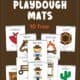 Examples of wild west playdough mats for kids including badge, horse, cowgirl, campfire, saloon, bandana, wagon, cowboy, wanted poster, and cactus.