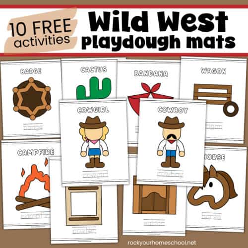 10 free printable wild west playdough mats for kids featuring cow boy, cow girl, cactus, horse, and more.
