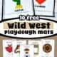 Examples of wild west playdough mats for kids including badge, horse, cowgirl, campfire, saloon, bandana, wagon, cowboy, wanted poster, and cactus.