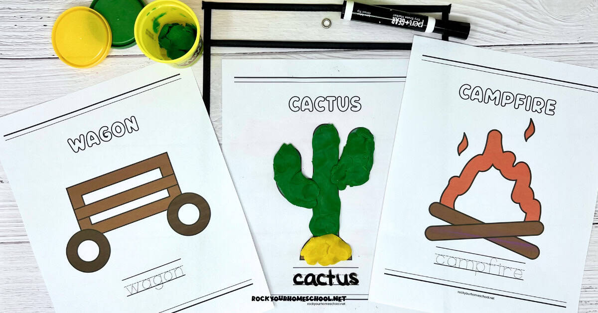 Three examples of wild west playdough mats for kids including wagon, cactus, and campfire.
