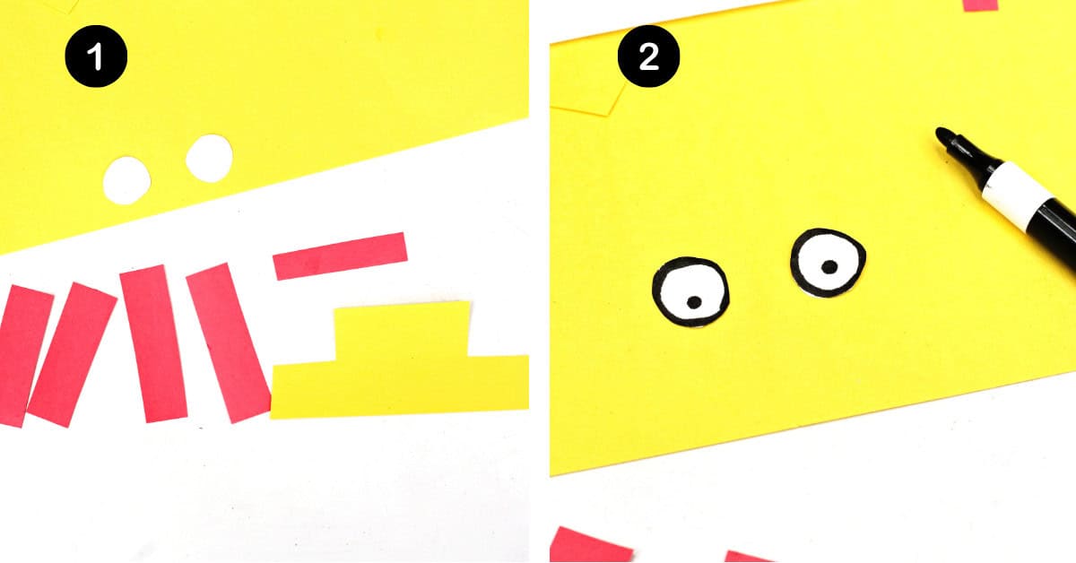 Red paper rectangles, yellow paper hat shape, white paper circles, and black marker with Humpty Dumpty eyes.