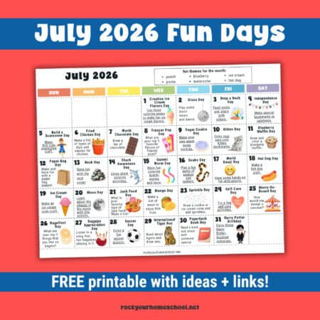 Example of free printable July 2026 Fun Days Calendar for Kids.