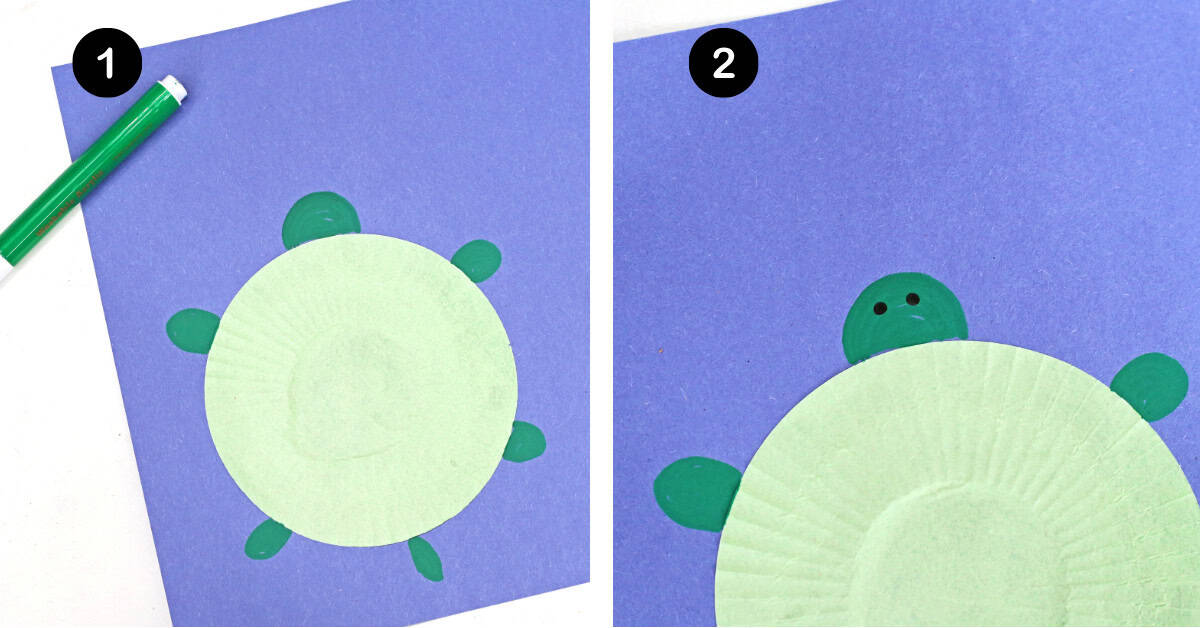 Green cupcake liner on blue construction paper with green marker for this Tortoise and the Hare craft.