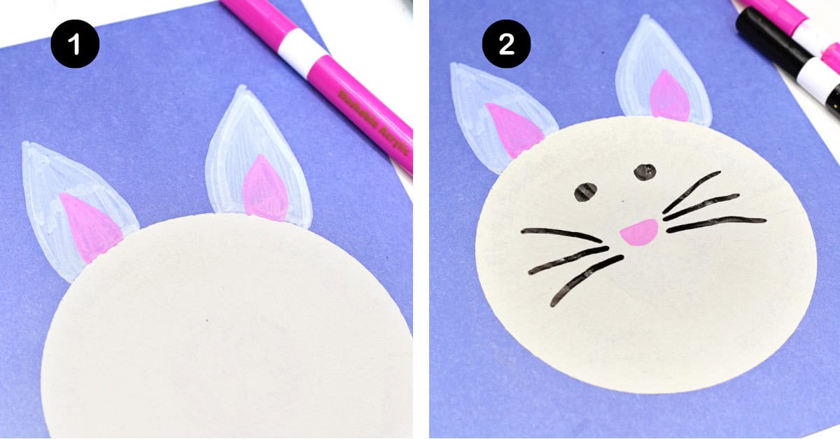 White cupcake liner on blue construction paper with pink and black markers to make rabbit face for The Tortoise and The Hare craft.