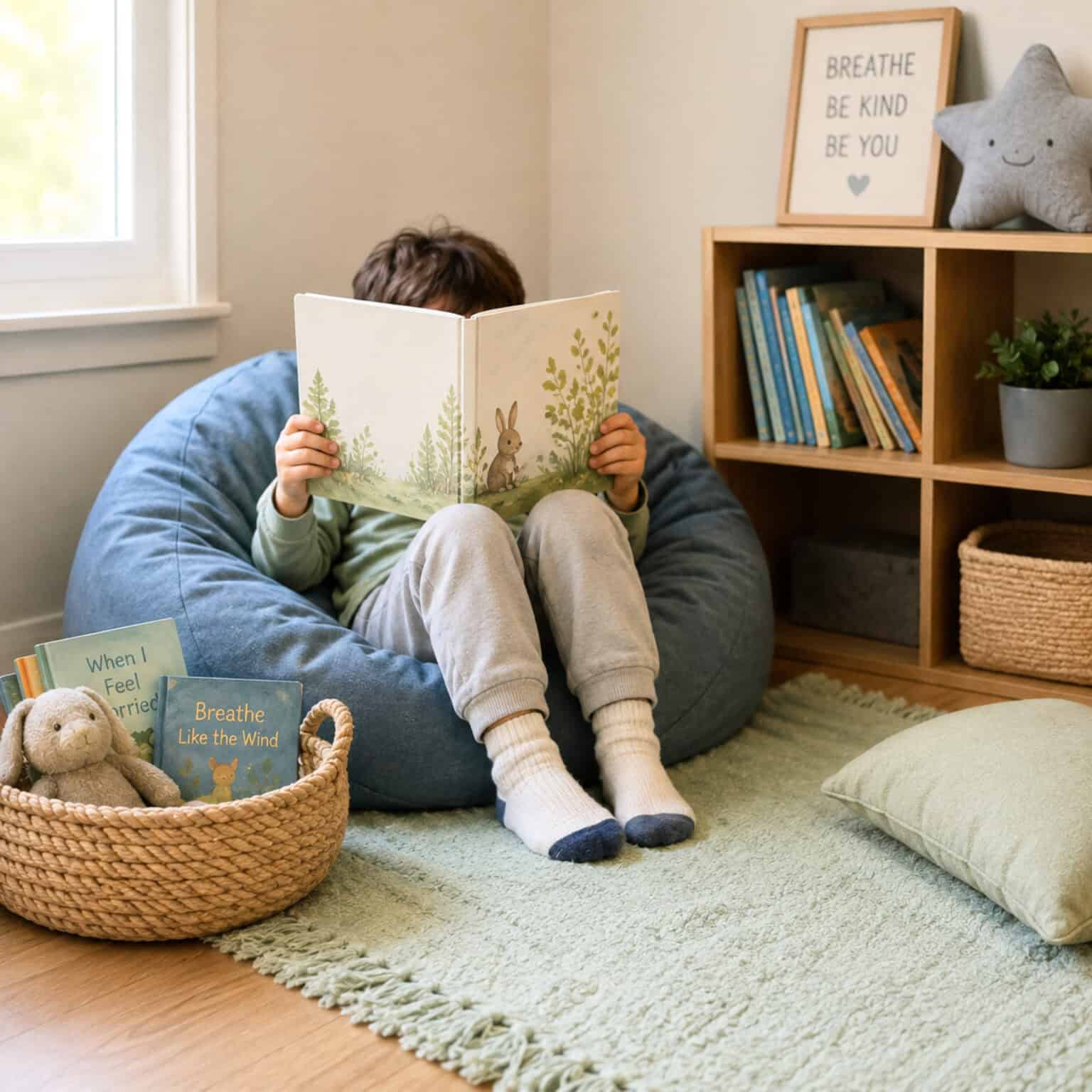 Young boy sitting on blue beanbag chair in corner of room with a basket of books and stuffed animal and a book shelf to show how to make a calm down corner for kids.