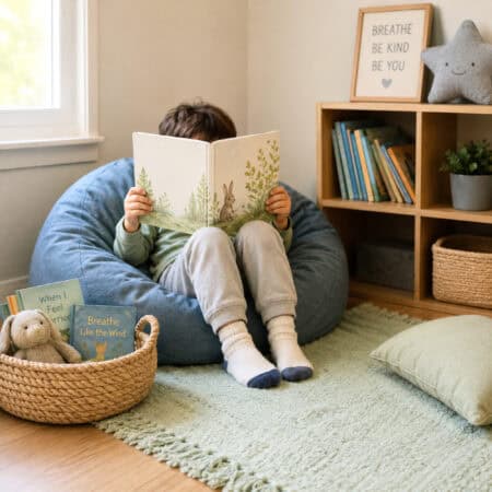 Young boy sitting on blue beanbag chair in corner of room with a basket of books and stuffed animal and a book shelf to show how to make a calm down corner for kids.