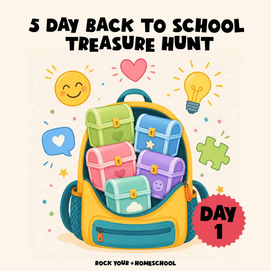 Clipart of backpack with 5 colorful treasure chests to feature the 5 Day Back to School Treasure Hunt.