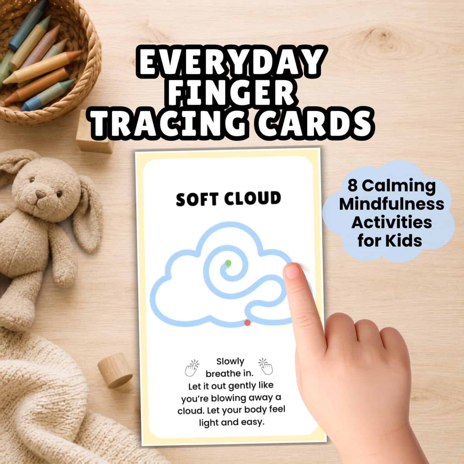 Child's hand with finger pointing as he traces a blue line cloud shape to feature these finger tracing cards for calm down tools.