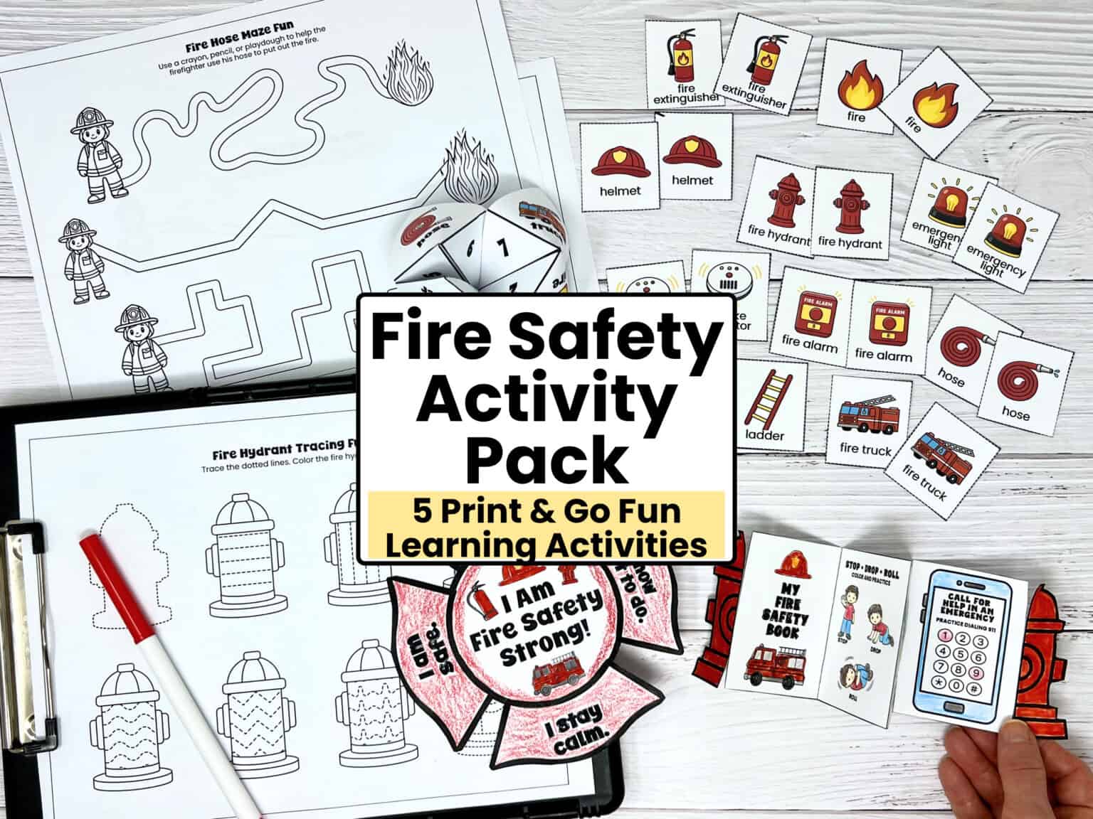 Fire safety activity pack printables with mazes, tracing, memory game, cootie catcher, mini book, and more.