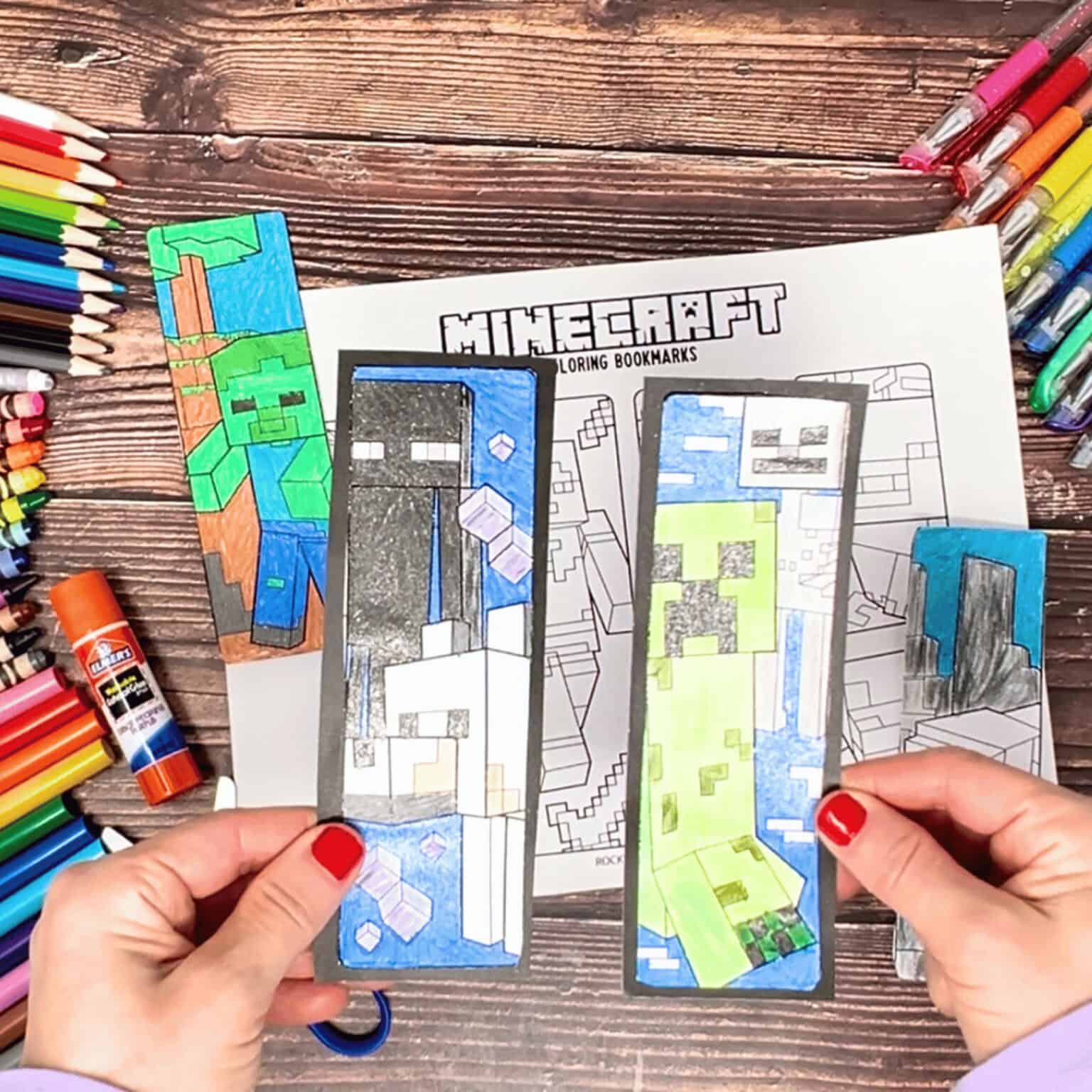 Minecraft Bookmarks Woman holding examples of free printable Minecraft bookmarks to color.