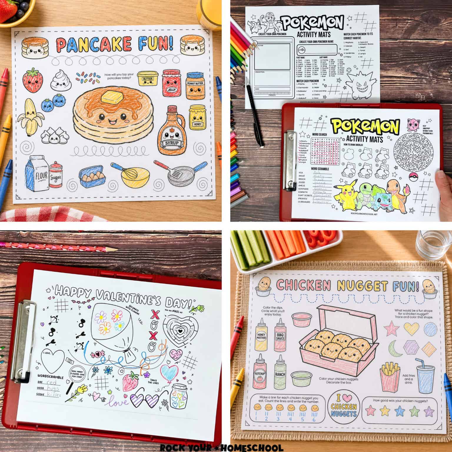 Four printable activity sheets for kids including pancake, Pokemon, Valentine's Day, and chicken nugget.