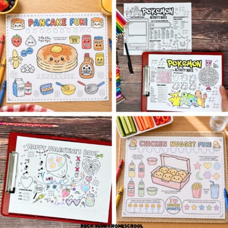 Four printable activity sheets for kids including pancake, Pokemon, Valentine's Day, and chicken nugget.