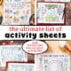 4 examples of printable activity sheets for kids including breakfast activity placemats, Pokemon, Valentine's Day, and dinner time.